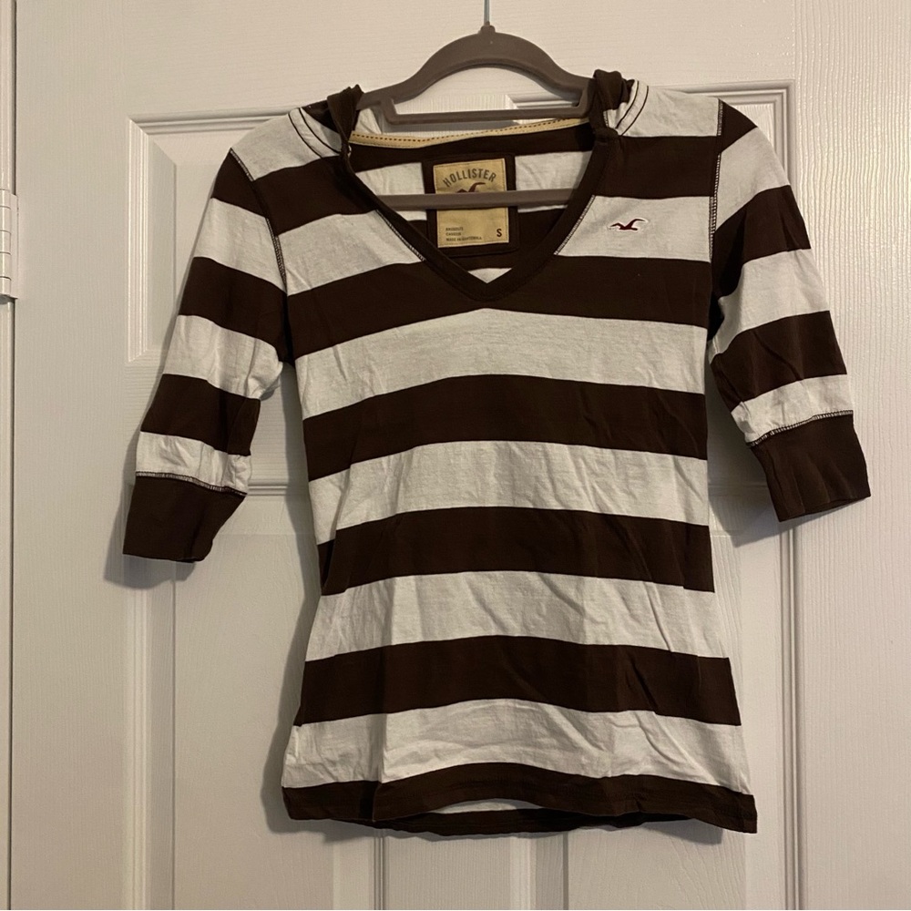 Hollister Brown & White Striped Hooded Top — Size Small